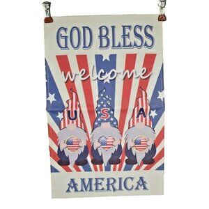 God Bless America Welcome Gnome 12 x 18 Double Sided Nylon Burlap Garden Flag